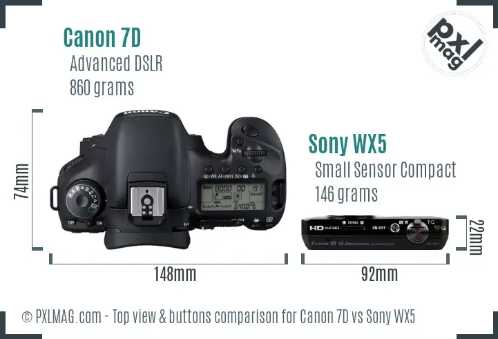 Canon 7D vs Sony WX5 top view buttons comparison