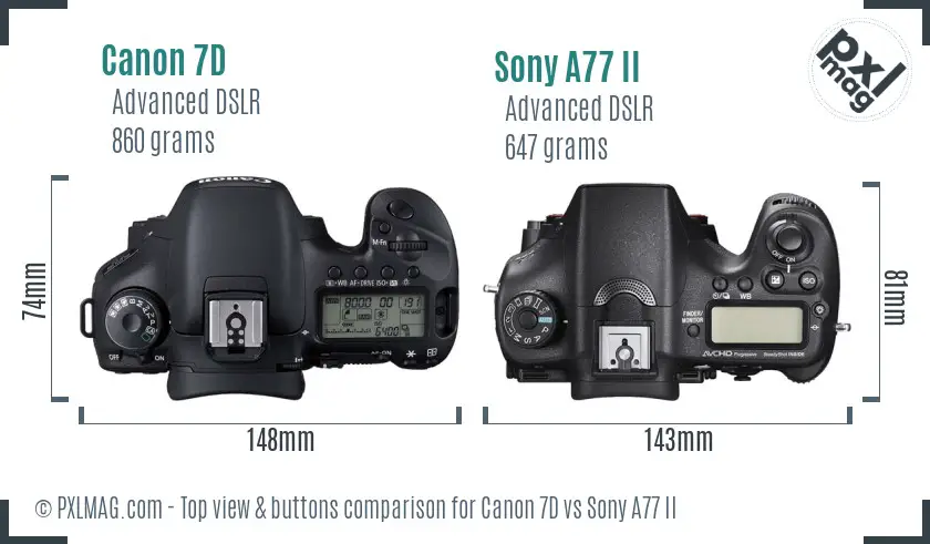 Canon 7D vs Sony A77 II top view buttons comparison
