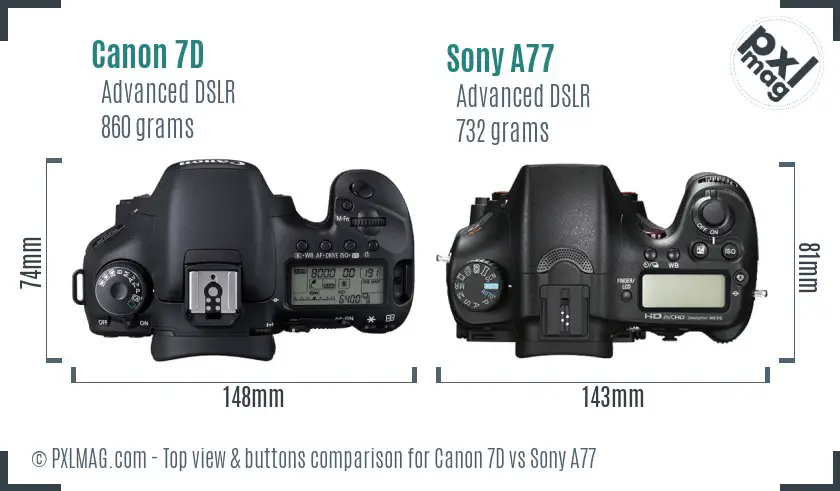Canon 7D vs Sony A77 top view buttons comparison