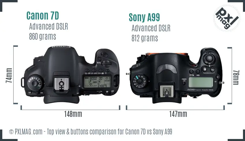 Canon 7D vs Sony A99 top view buttons comparison