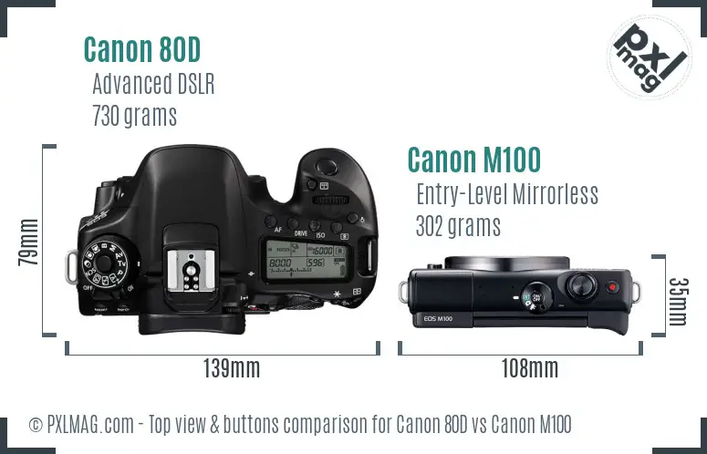 Canon 80D vs Canon M100 top view buttons comparison Canon 80D vs Canon M100 top view buttons comparison