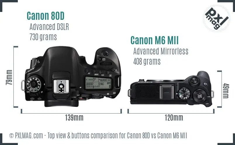 Canon 80D vs Canon M6 MII top view buttons comparison Canon 80D vs Canon M6 MII top view buttons comparison