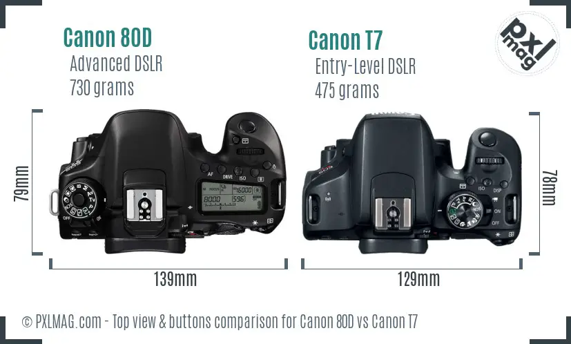 Canon 80D vs Canon T7 top view buttons comparison