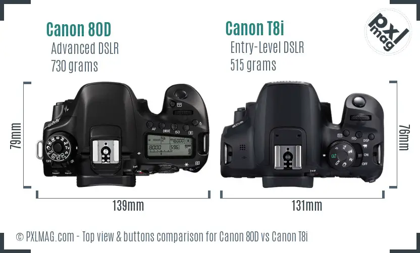 Canon 80D vs Canon T8i top view buttons comparison Canon 80D vs Canon T8i top view buttons comparison