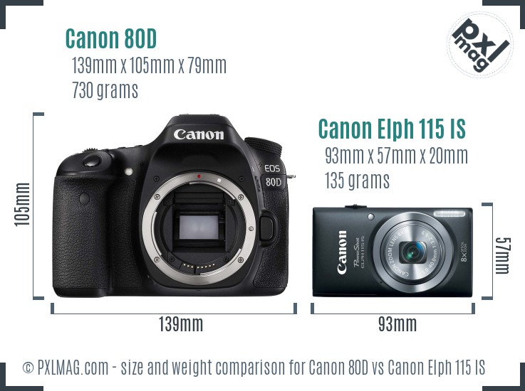Canon 80D vs Canon Elph 115 IS size comparison
