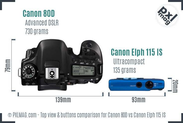 Canon 80D vs Canon Elph 115 IS top view buttons comparison