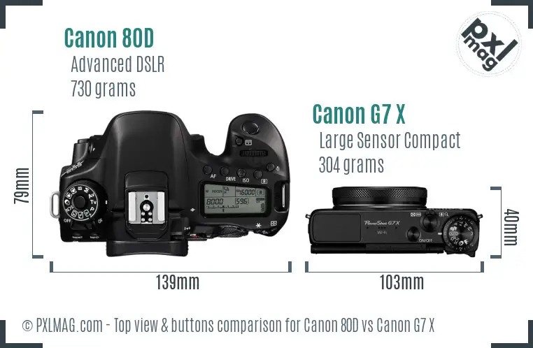 Canon 80D vs Canon G7 X top view buttons comparison Canon 80D vs Canon G7 X top view buttons comparison