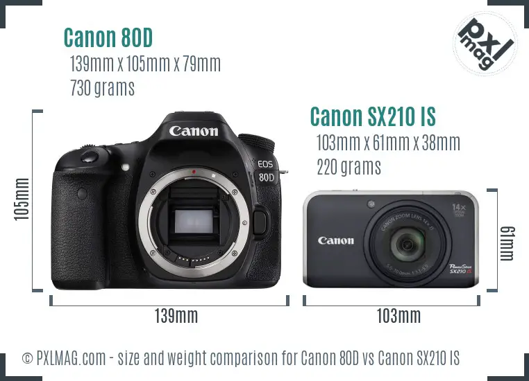 Canon 80D vs Canon SX210 IS size comparison