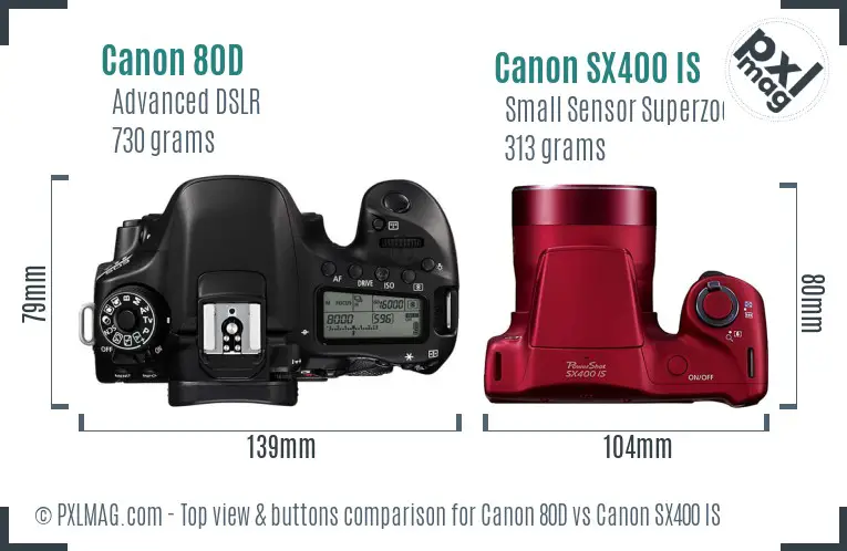 Canon 80D vs Canon SX400 IS top view buttons comparison Canon 80D vs Canon SX400 IS top view buttons comparison