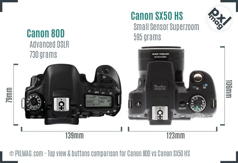 Canon 80D vs Canon SX50 HS top view buttons comparison