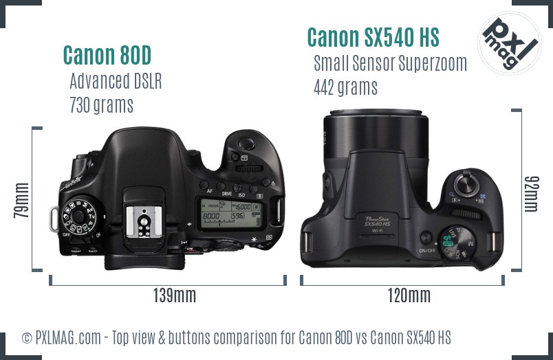 Canon 80D vs Canon SX540 HS top view buttons comparison