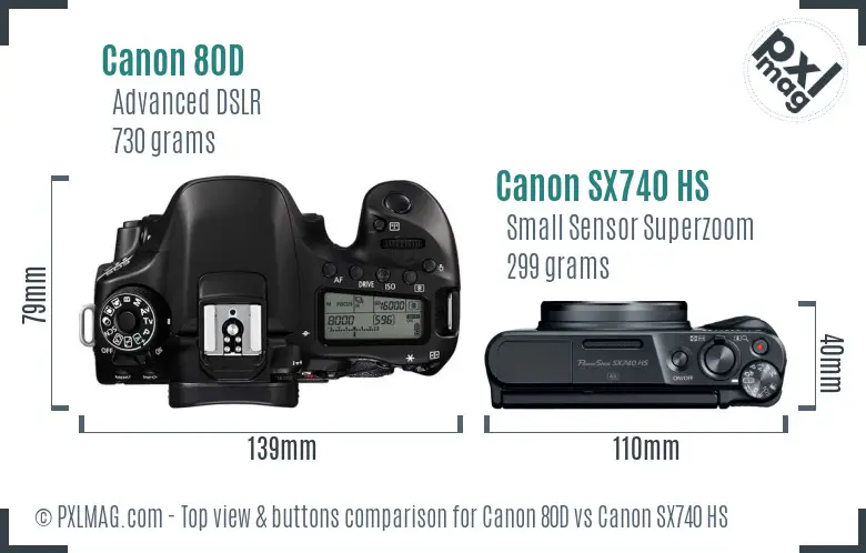 Canon 80D vs Canon SX740 HS top view buttons comparison Canon 80D vs Canon SX740 HS top view buttons comparison