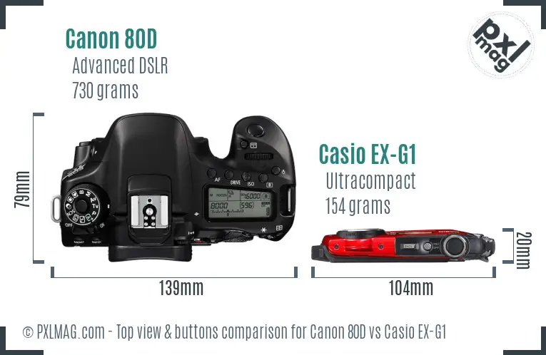 Canon 80D vs Casio EX-G1 top view buttons comparison Canon 80D vs Casio EX-G1 top view buttons comparison