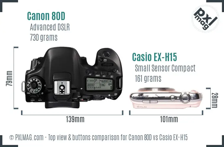Canon 80D vs Casio EX-H15 top view buttons comparison Canon 80D vs Casio EX-H15 top view buttons comparison