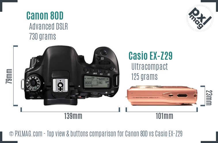Canon 80D vs Casio EX-Z29 top view buttons comparison