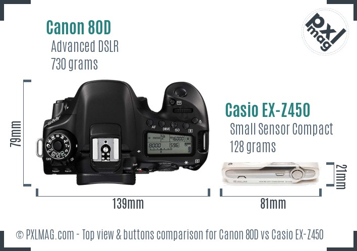 Canon 80D vs Casio EX-Z450 top view buttons comparison
