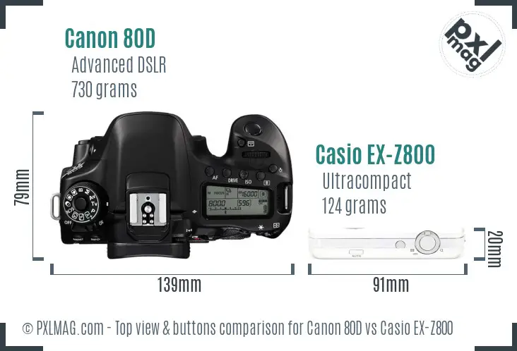 Canon 80D vs Casio EX-Z800 top view buttons comparison