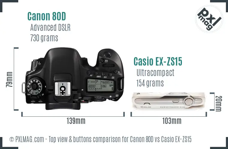 Canon 80D vs Casio EX-ZS15 top view buttons comparison