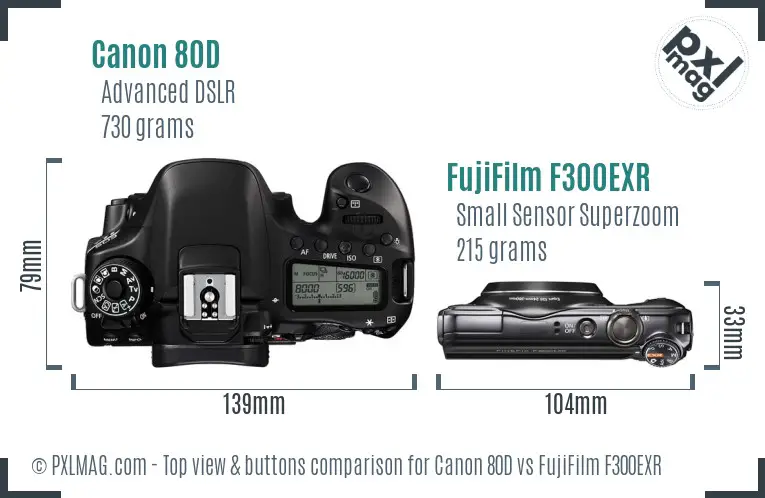 Canon 80D vs FujiFilm F300EXR top view buttons comparison