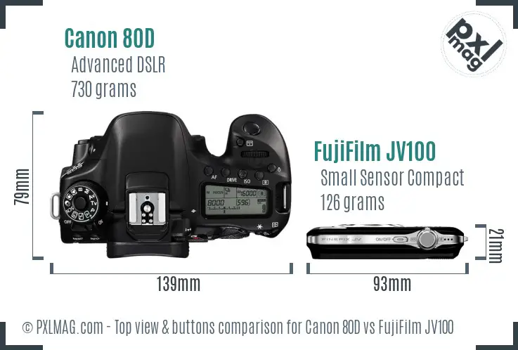 Canon 80D vs FujiFilm JV100 top view buttons comparison