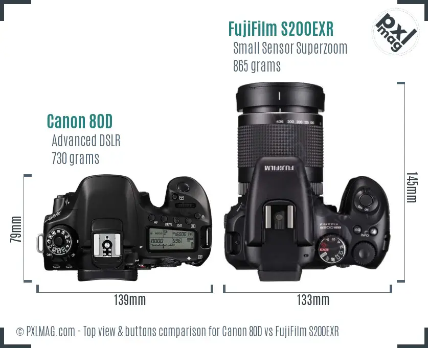 Canon 80D vs FujiFilm S200EXR top view buttons comparison