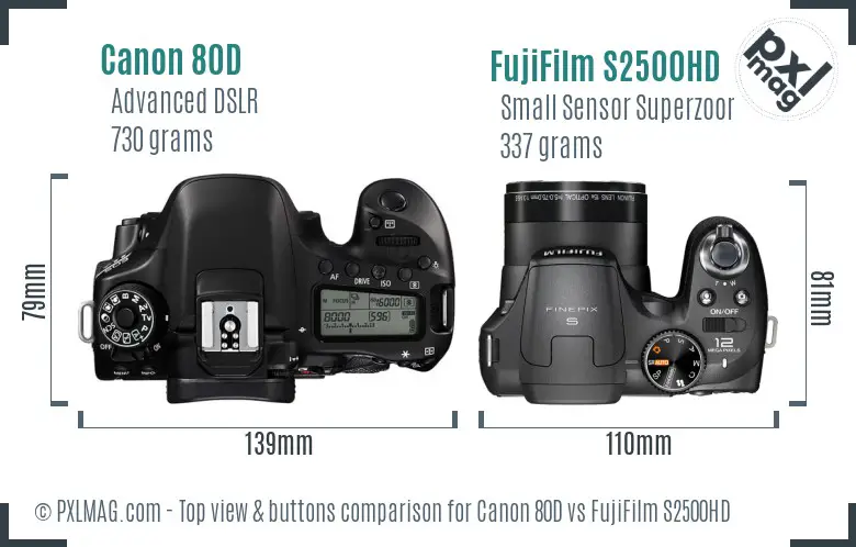 Canon 80D vs FujiFilm S2500HD top view buttons comparison
