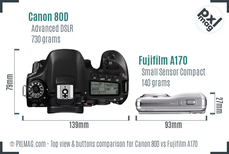 Canon 80D vs Fujifilm A170 top view buttons comparison Canon 80D vs Fujifilm A170 top view buttons comparison
