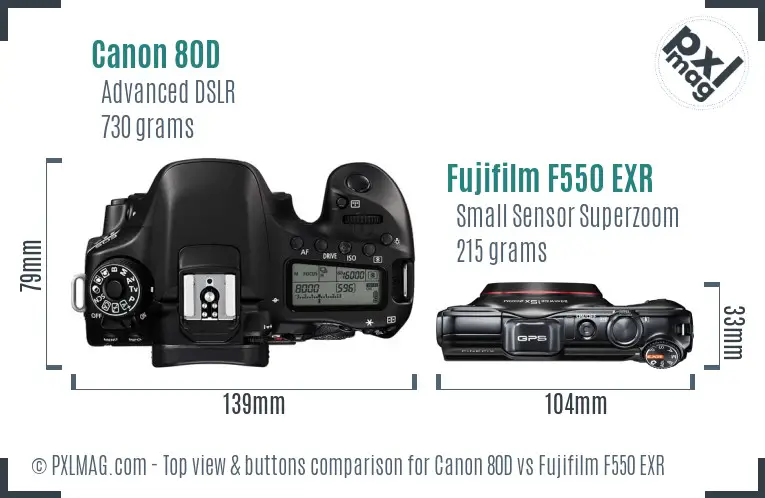 Canon 80D vs Fujifilm F550 EXR top view buttons comparison Canon 80D vs Fujifilm F550 EXR top view buttons comparison