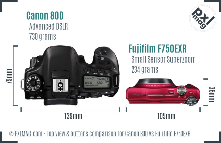Canon 80D vs Fujifilm F750EXR top view buttons comparison