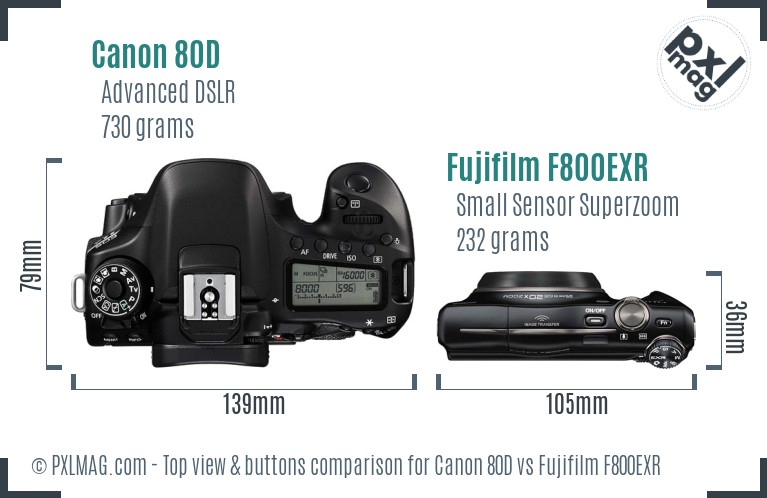 Canon 80D vs Fujifilm F800EXR top view buttons comparison