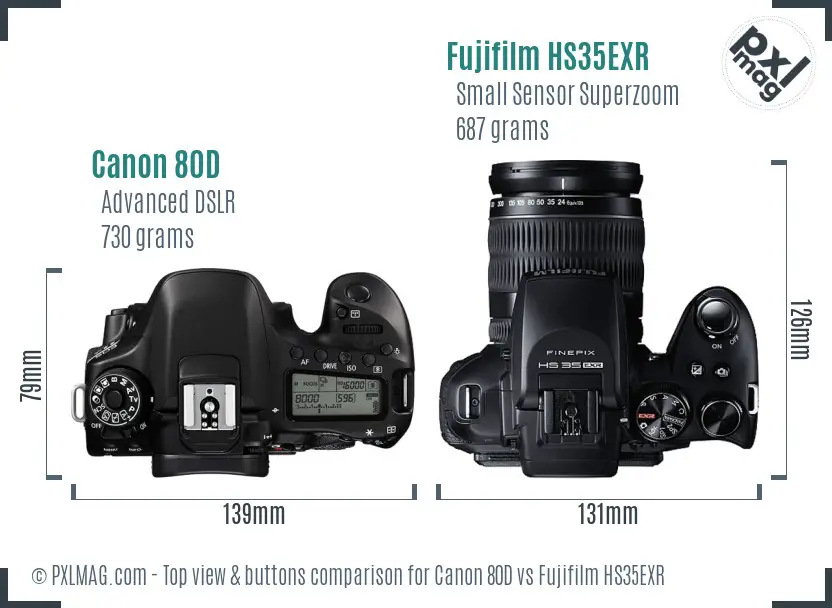 Canon 80D vs Fujifilm HS35EXR top view buttons comparison