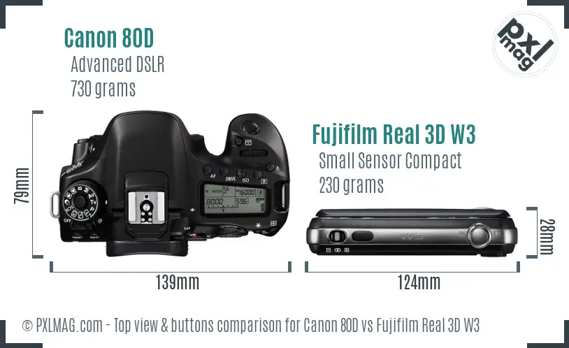 Canon 80D vs Fujifilm Real 3D W3 top view buttons comparison Canon 80D vs Fujifilm Real 3D W3 top view buttons comparison