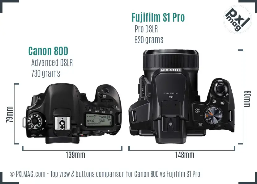Canon 80D vs Fujifilm S1 Pro top view buttons comparison