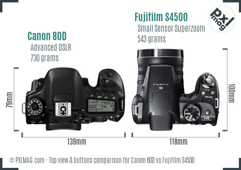 Canon 80D vs Fujifilm S4500 top view buttons comparison