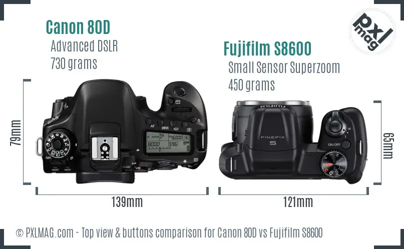 Canon 80D vs Fujifilm S8600 top view buttons comparison