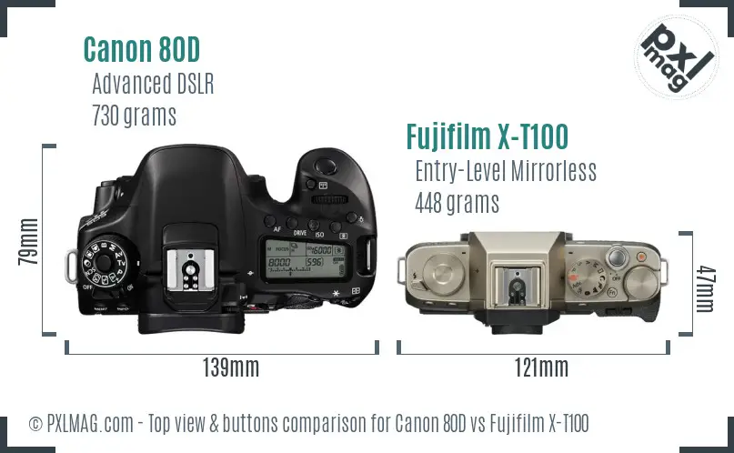 Canon 80D vs Fujifilm X-T100 top view buttons comparison Canon 80D vs Fujifilm X-T100 top view buttons comparison