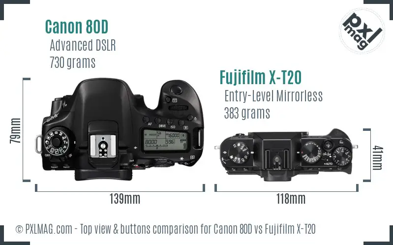 Canon 80D vs Fujifilm X-T20 top view buttons comparison Canon 80D vs Fujifilm X-T20 top view buttons comparison