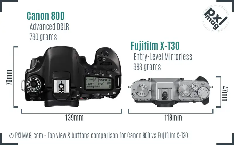 Canon 80D vs Fujifilm X-T30 top view buttons comparison Canon 80D vs Fujifilm X-T30 top view buttons comparison