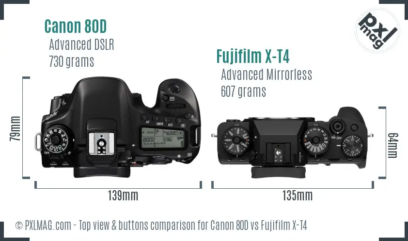 Canon 80D vs Fujifilm X-T4 top view buttons comparison Canon 80D vs Fujifilm X-T4 top view buttons comparison