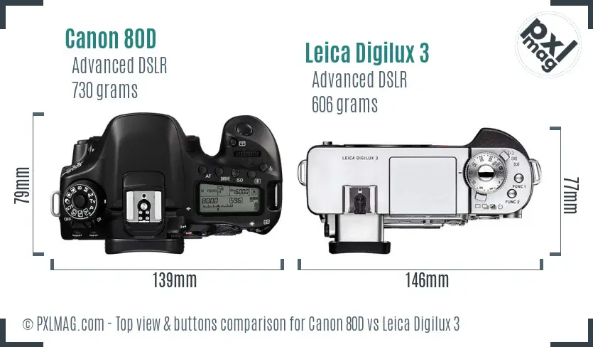 Canon 80D vs Leica Digilux 3 top view buttons comparison