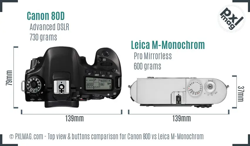 Canon 80D vs Leica M-Monochrom top view buttons comparison
