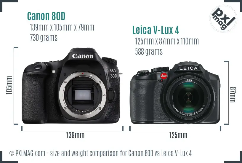 Canon 80D vs Leica V-Lux 4 size comparison