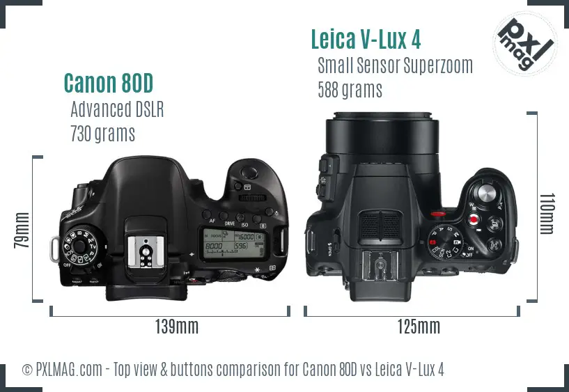 Canon 80D vs Leica V-Lux 4 top view buttons comparison