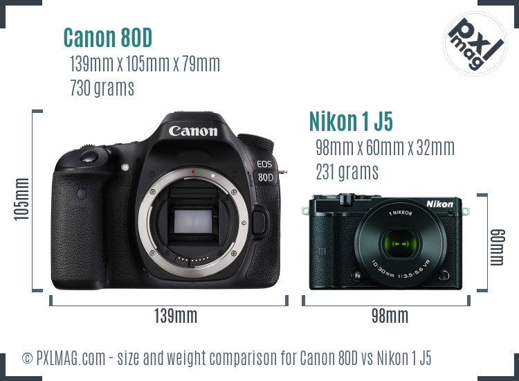 Canon 80D vs Nikon 1 J5 size comparison Canon 80D vs Nikon 1 J5 size comparison