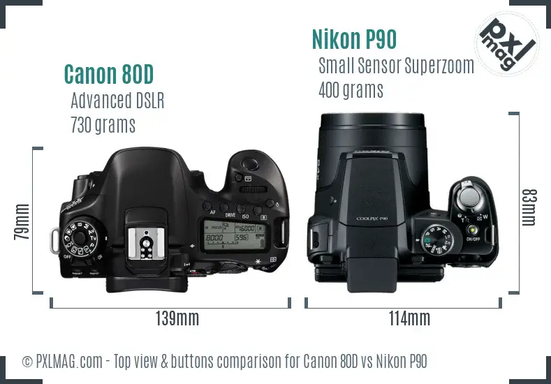 Canon 80D vs Nikon P90 top view buttons comparison