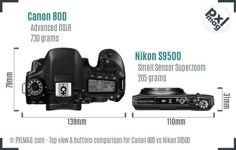 Canon 80D vs Nikon S9500 top view buttons comparison Canon 80D vs Nikon S9500 top view buttons comparison
