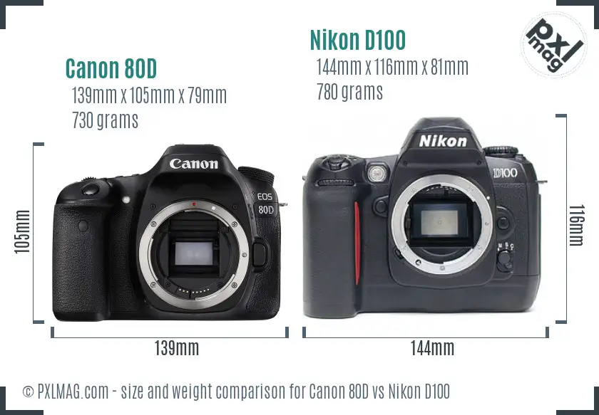 Canon 80D vs Nikon D100 size comparison
