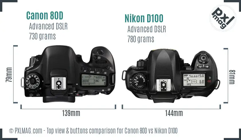 Canon 80D vs Nikon D100 top view buttons comparison