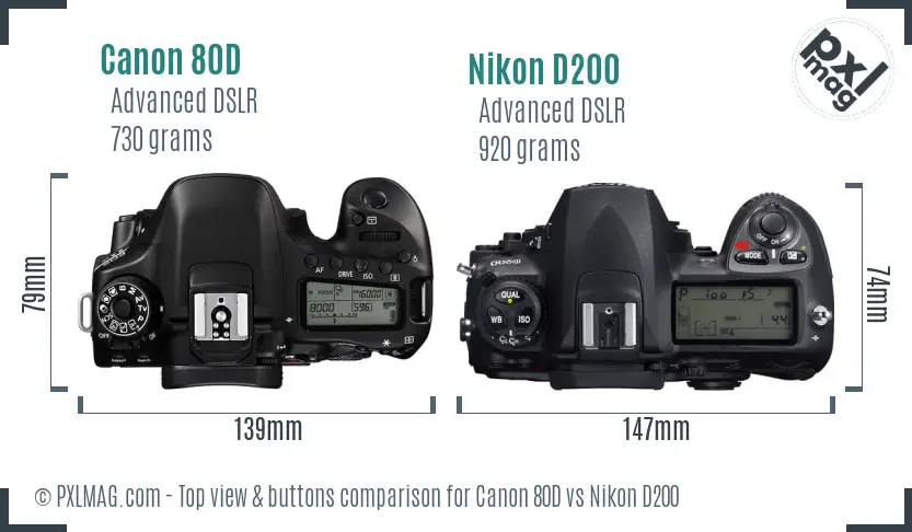 Canon 80D vs Nikon D200 top view buttons comparison