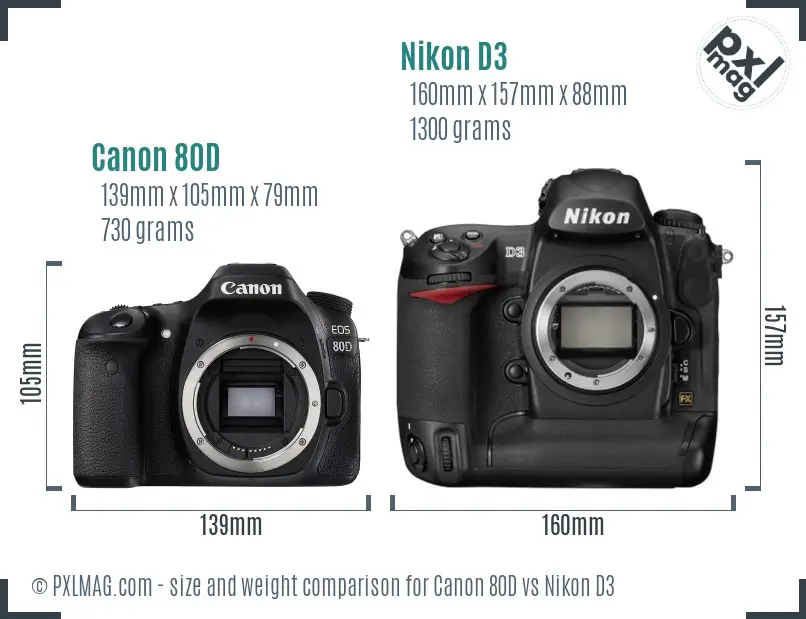 Canon 80D vs Nikon D3 size comparison
